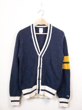 Champion Navy Blue Knit Varsity Stripe Letterman Cardigan Sweater Coat XS